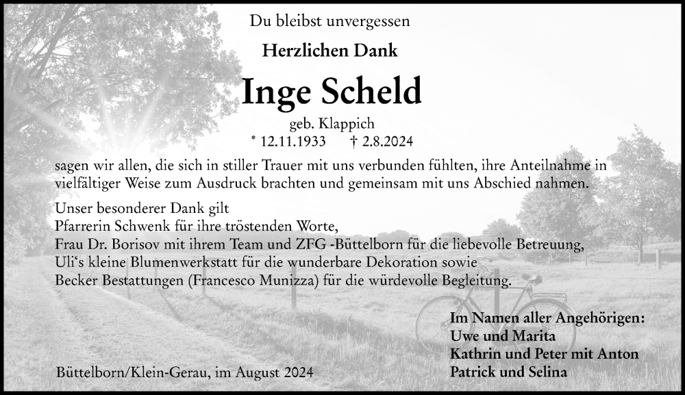 Traueranzeige für Inge Scheld vom 31.08.2024 aus Groß-Gerauer Echo