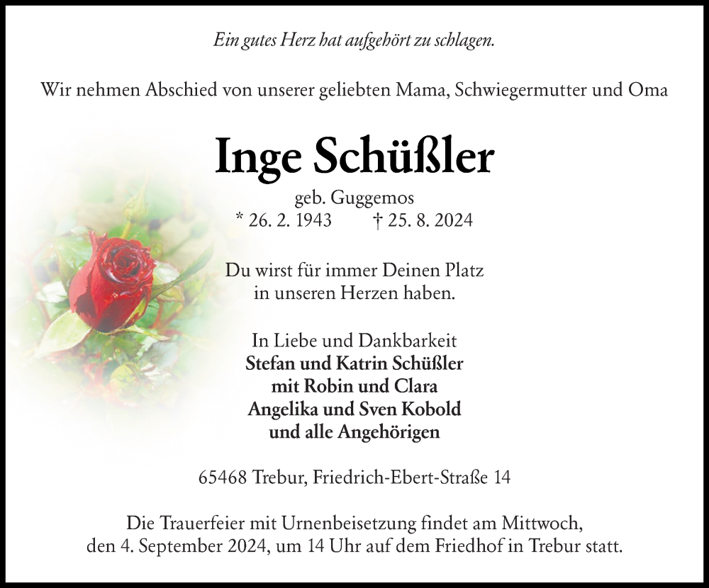  Traueranzeige für Inge Schüßler vom 31.08.2024 aus Groß-Gerauer Echo