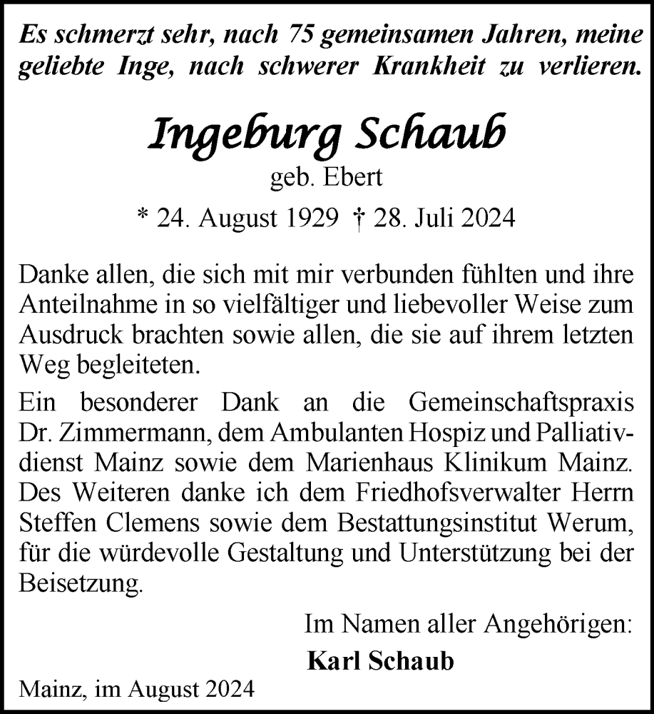  Traueranzeige für Ingeburg Schaub vom 31.08.2024 aus Allgemeine Zeitung Mainz