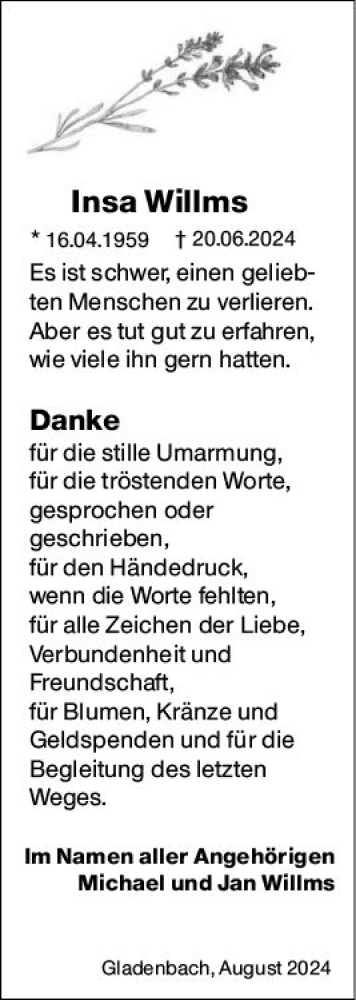Traueranzeige von Insa Willms von Hinterländer Anzeiger