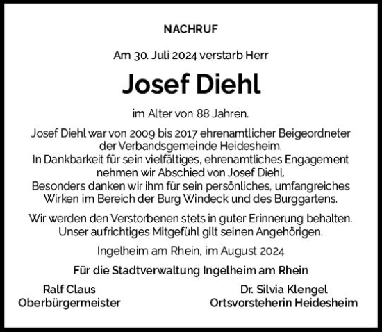 Traueranzeige von Josef Diehl von Allgemeine Zeitung Rheinhessen-Nahe