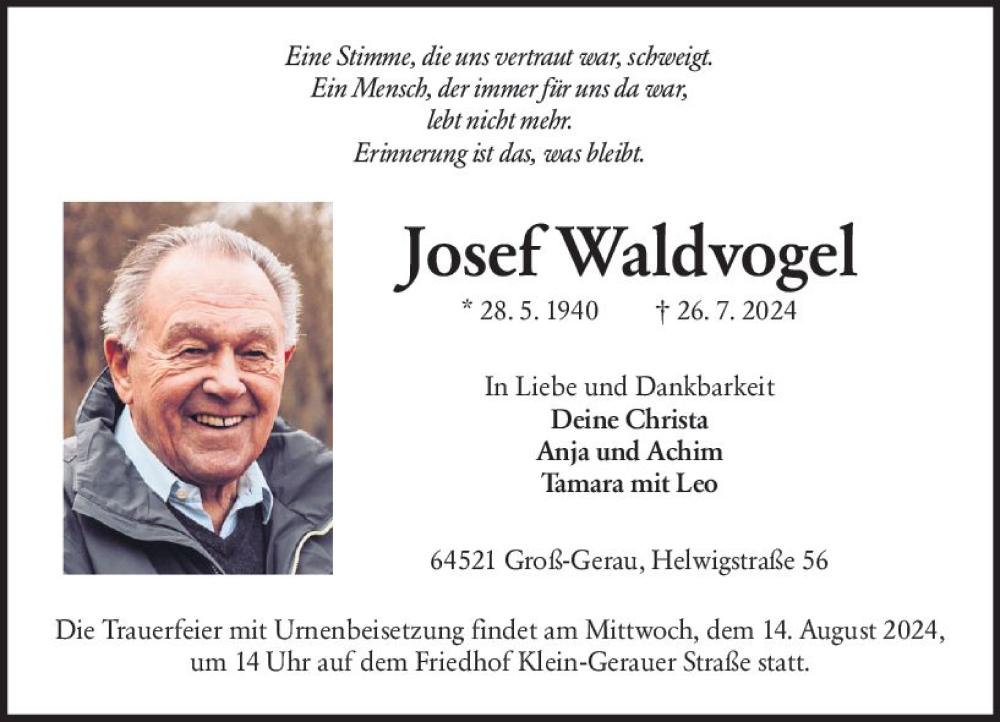  Traueranzeige für Josef Waldvogel vom 10.08.2024 aus Groß-Gerauer Echo