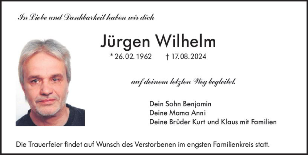  Traueranzeige für Jürgen Wilhelm vom 24.08.2024 aus Groß-Gerauer Echo