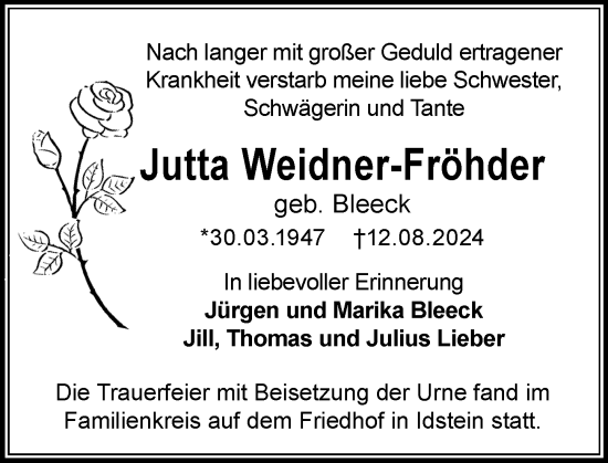 Traueranzeige von Jutta Weidner-Fröhder von Idsteiner Land/Untertaunus