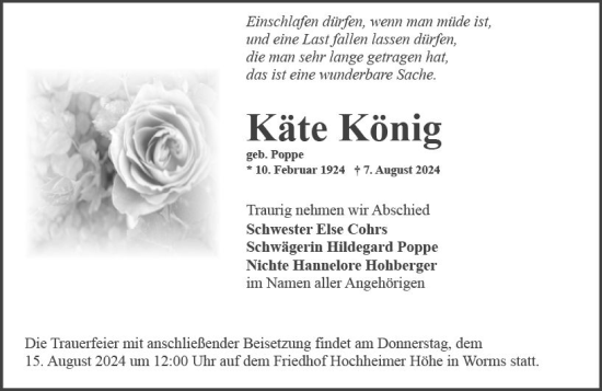 Traueranzeige von Käte König von Wormser Zeitung