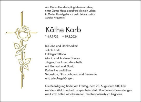 Traueranzeige von Käthe Karb von Starkenburger Echo