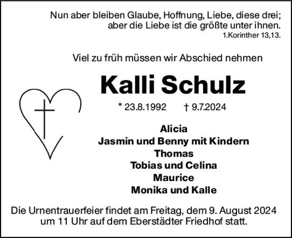  Traueranzeige für Kalli Schulz vom 03.08.2024 aus Darmstädter Echo