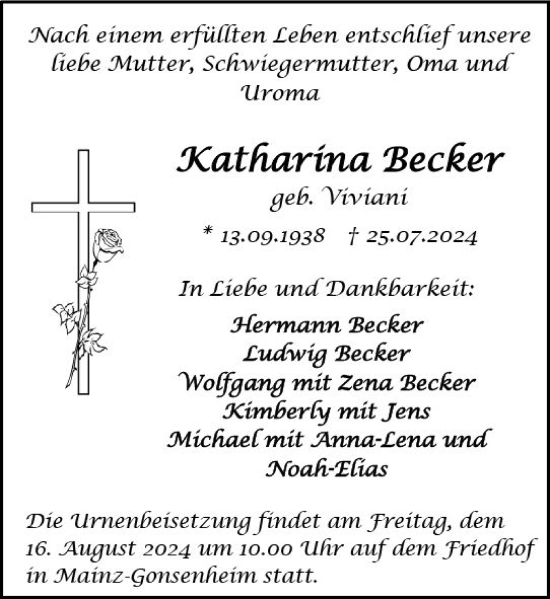 Traueranzeige von Katharina Becker von Allgemeine Zeitung Mainz