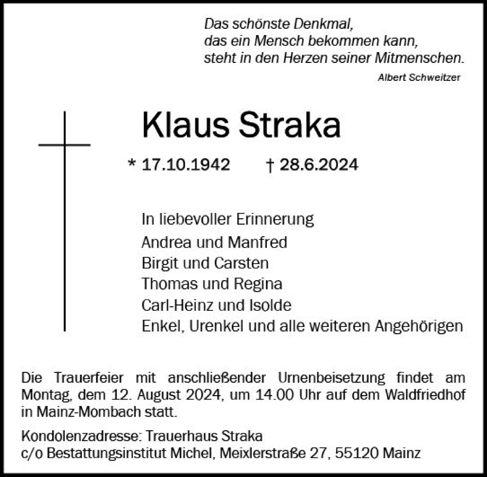  Traueranzeige für Klaus Straka vom 03.08.2024 aus Allgemeine Zeitung Mainz