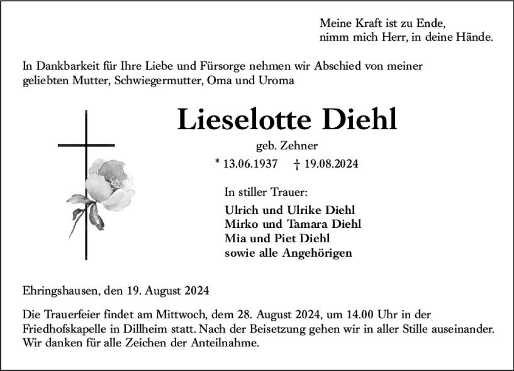  Traueranzeige für Lieselotte Diehl vom 24.08.2024 aus Wetzlarer Neue Zeitung