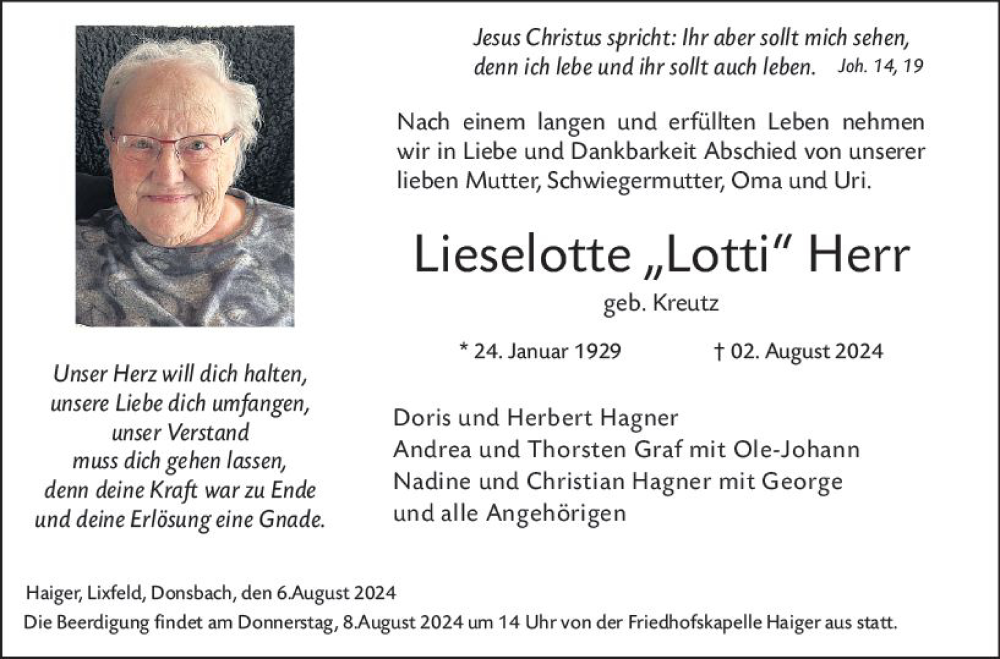  Traueranzeige für Lieselotte Herr vom 06.08.2024 aus Hinterländer Anzeiger