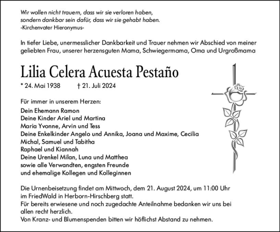 Traueranzeige von Lilia Celera Acuesta Pestano von Dill Block