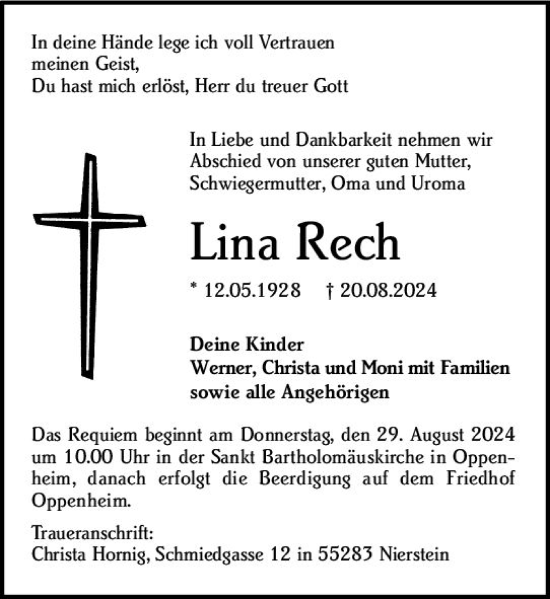 Traueranzeige von Lina Rech von Allgemeine Zeitung Mainz