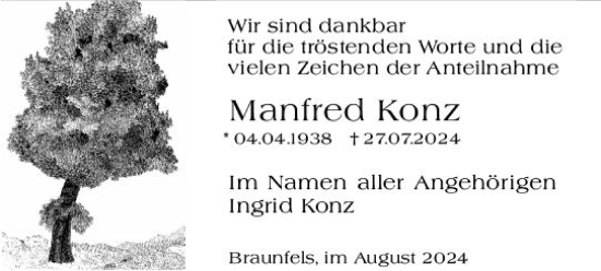 Traueranzeige von Manfred Konz von Wetzlarer Neue Zeitung