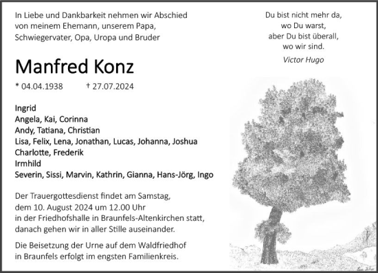 Traueranzeige von Manfred Konz von Wetzlarer Neue Zeitung