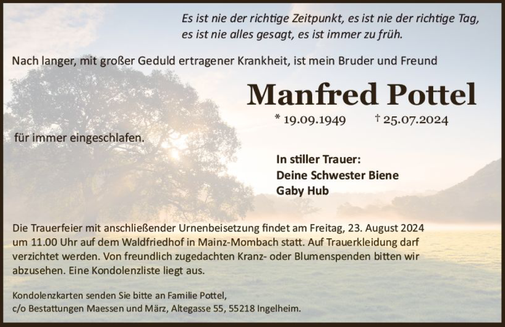  Traueranzeige für Manfred Pottel vom 17.08.2024 aus Allgemeine Zeitung Mainz