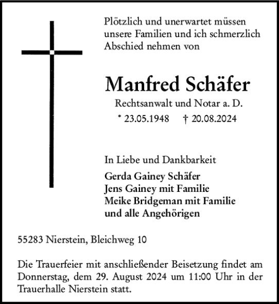 Traueranzeige von Manfred Schäfer von Allgemeine Zeitung Mainz