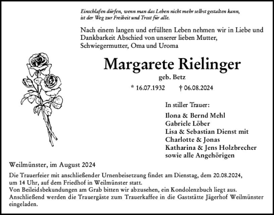 Traueranzeige von Margarete Rielinger von Weilburger Tageblatt
