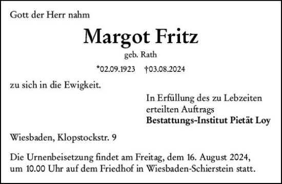 Traueranzeige von Margot Fritz von Wiesbadener Kurier