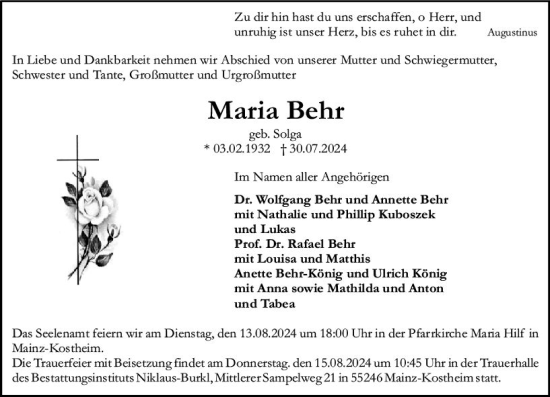 Traueranzeige von Maria Behr von Allgemeine Zeitung Mainz