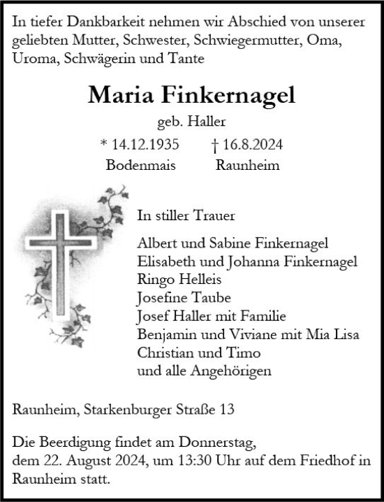 Traueranzeige von Maria Finkernagel von Rüsselsheimer Echo