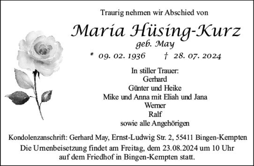  Traueranzeige für Maria Hüsing-Kurz vom 17.08.2024 aus Allgemeine Zeitung Rheinhessen-Nahe