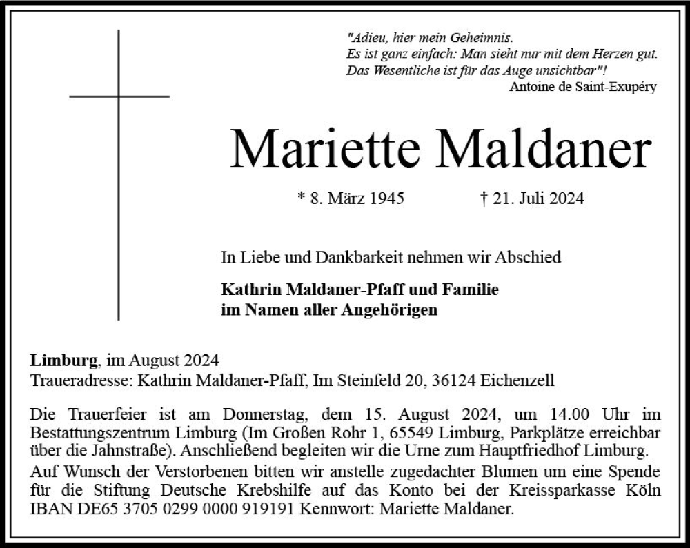 Traueranzeige für Mariette Maldaner vom 10.08.2024 aus Nassauische Neue Presse