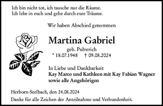 Traueranzeige von Martina Gabriel von Dill Block