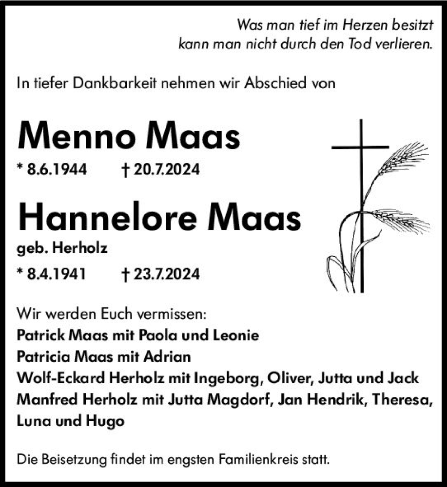  Traueranzeige für Menno Maas vom 17.08.2024 aus Wiesbadener Kurier
