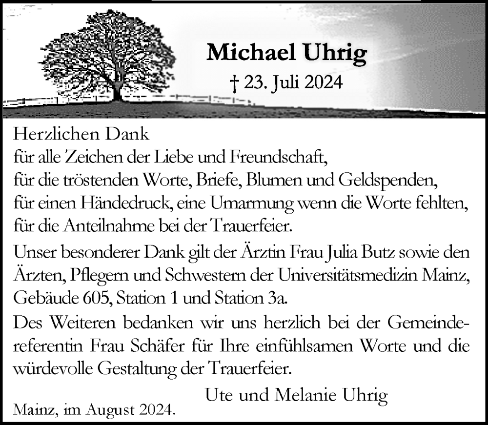  Traueranzeige für Michael Uhrig vom 31.08.2024 aus Allgemeine Zeitung Mainz