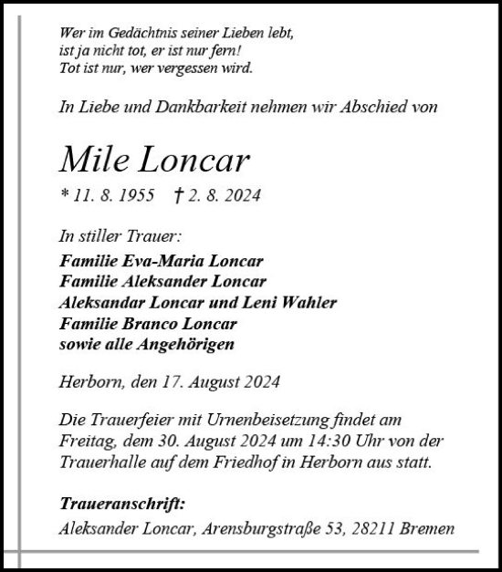 Traueranzeige von Mile Loncar von Dill Block