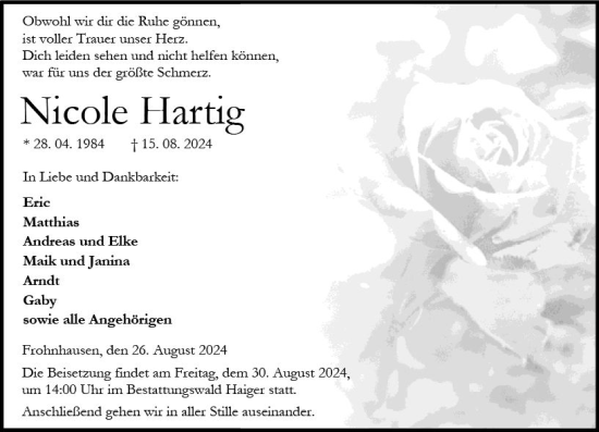 Traueranzeige von Nicole Hartig von Dill Block