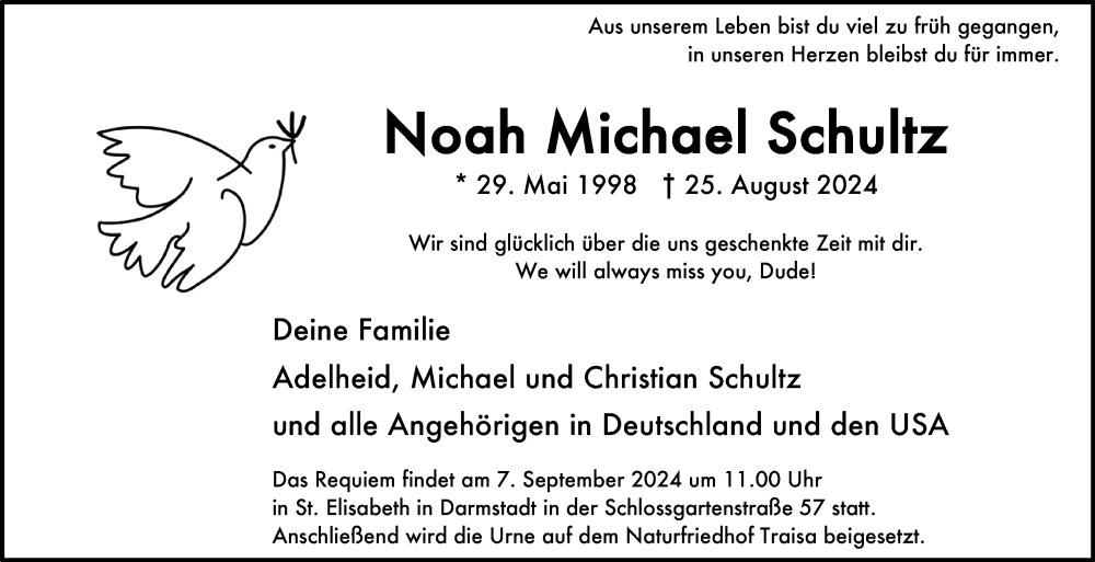  Traueranzeige für Noah Michael Schultz vom 31.08.2024 aus Darmstädter Echo