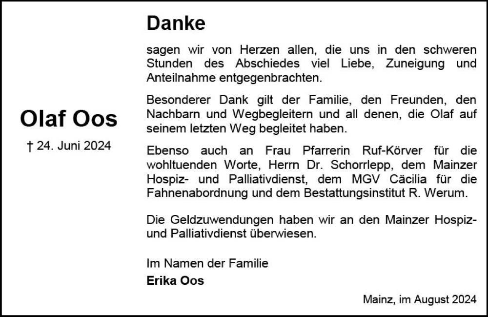  Traueranzeige für Olaf Oos vom 03.08.2024 aus Allgemeine Zeitung Mainz