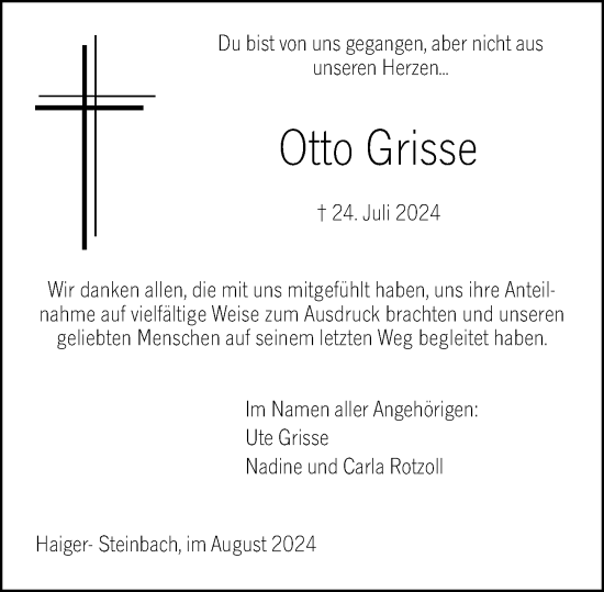 Traueranzeige von Otto Grisse von Dill Block