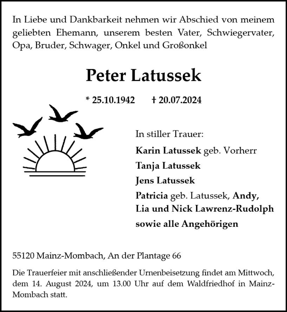  Traueranzeige für Peter Latussek vom 03.08.2024 aus Allgemeine Zeitung Mainz