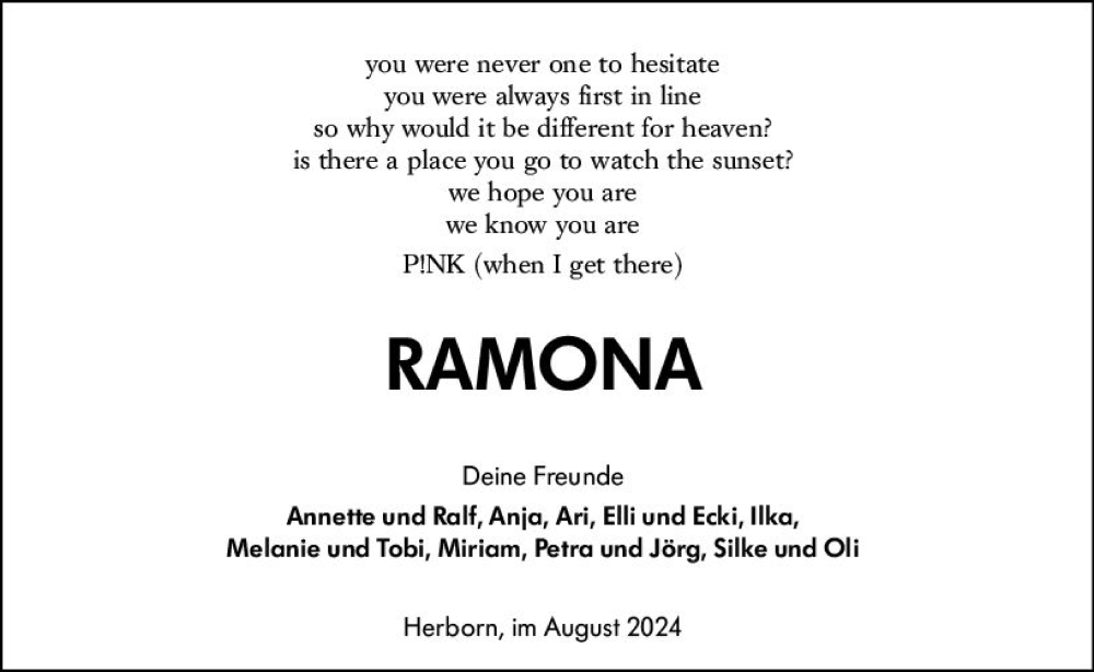  Traueranzeige für Ramona  vom 22.08.2024 aus Dill Block