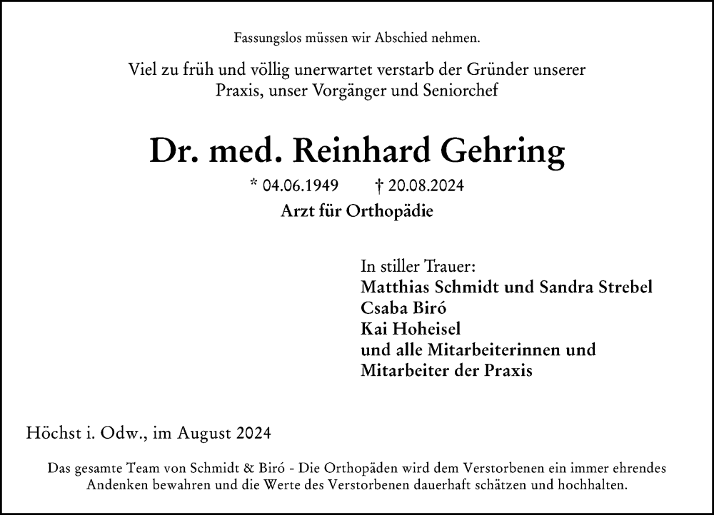  Traueranzeige für Reinhard Gehring vom 31.08.2024 aus Odenwälder Echo