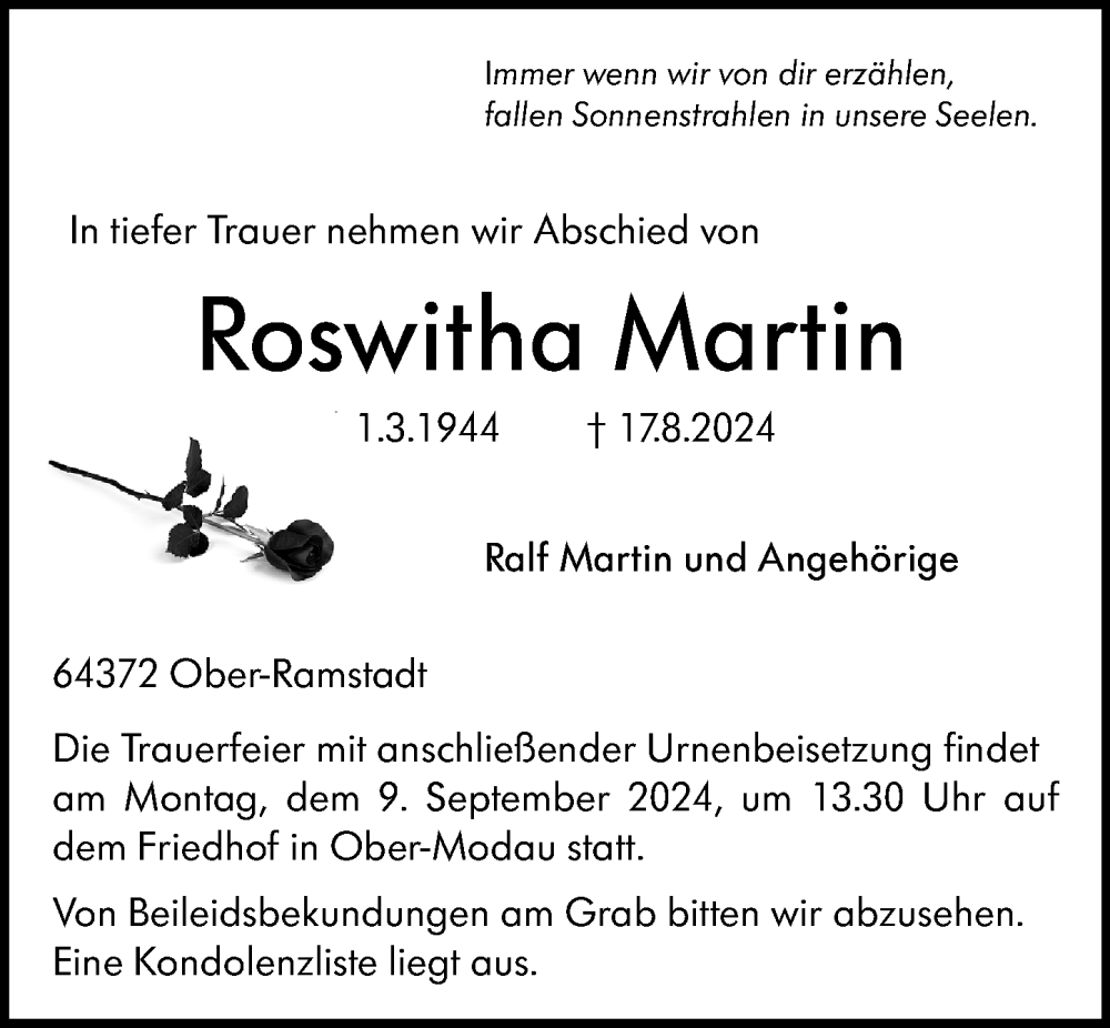  Traueranzeige für Roswitha Martin vom 31.08.2024 aus Darmstädter Echo