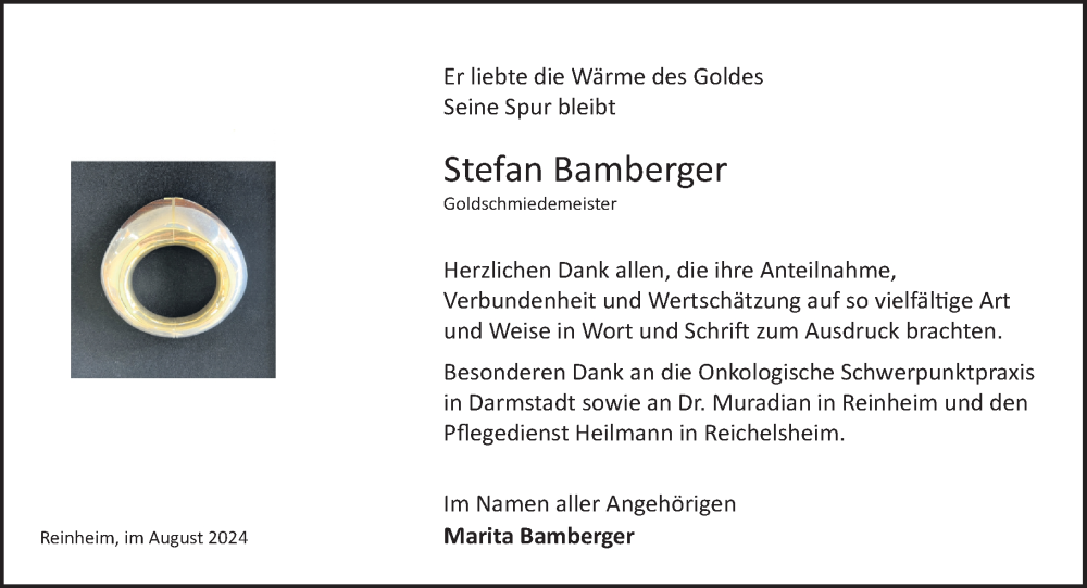  Traueranzeige für Stefan Bamberger vom 31.08.2024 aus Odenwälder Echo
