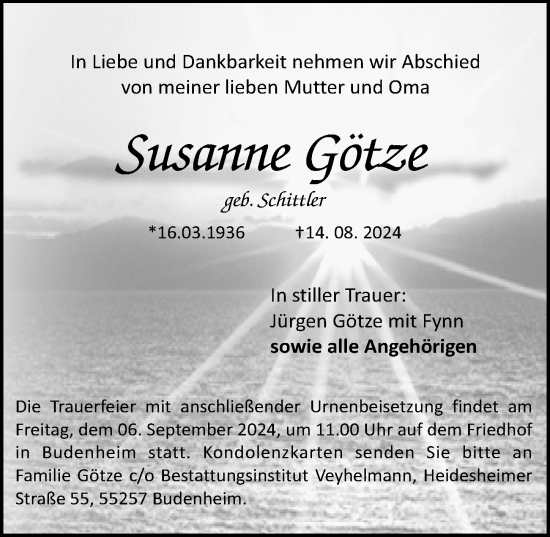 Traueranzeige von Susanne Götze von Allgemeine Zeitung Mainz