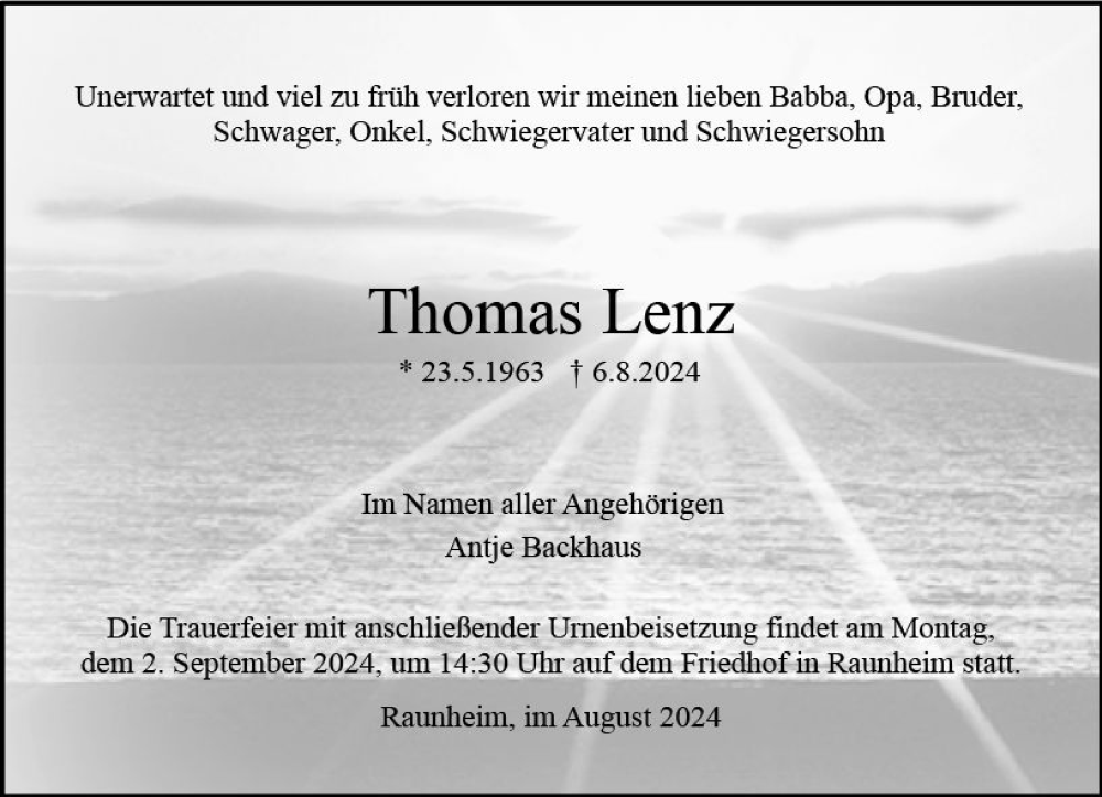  Traueranzeige für Thomas Lenz vom 24.08.2024 aus Rüsselsheimer Echo