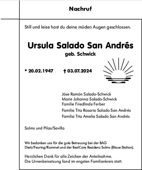 Traueranzeige von Ursula Salado San Andres von Wetzlarer Neue Zeitung