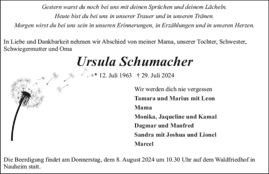 Traueranzeige von Ursula Schumacher von Rüsselsheimer Echo
