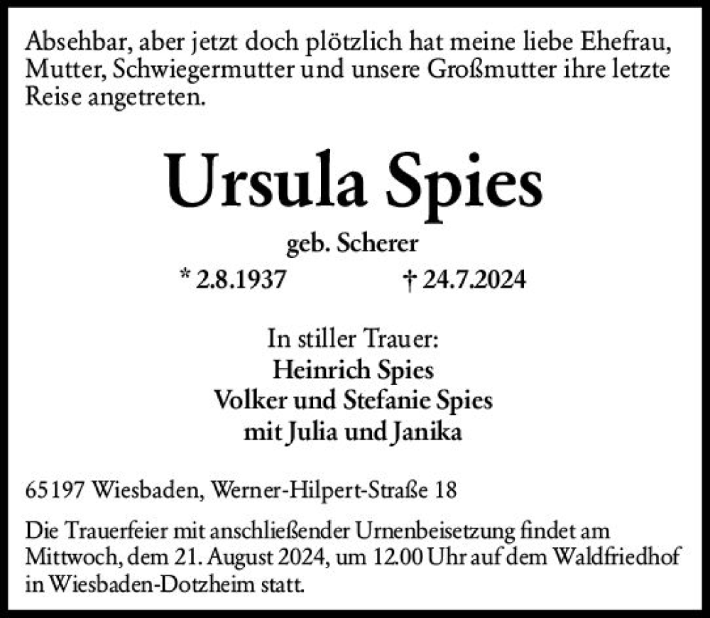  Traueranzeige für Ursula Spies vom 10.08.2024 aus Wiesbadener Kurier