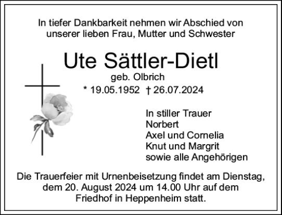 Traueranzeige von Ute Sättler-Dietl von Starkenburger Echo