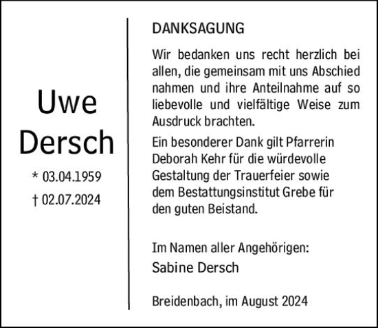 Traueranzeige von Uwe Dersch von Hinterländer Anzeiger