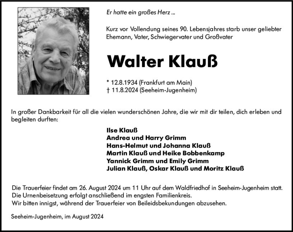  Traueranzeige für Walter Klauß vom 17.08.2024 aus Darmstädter Echo