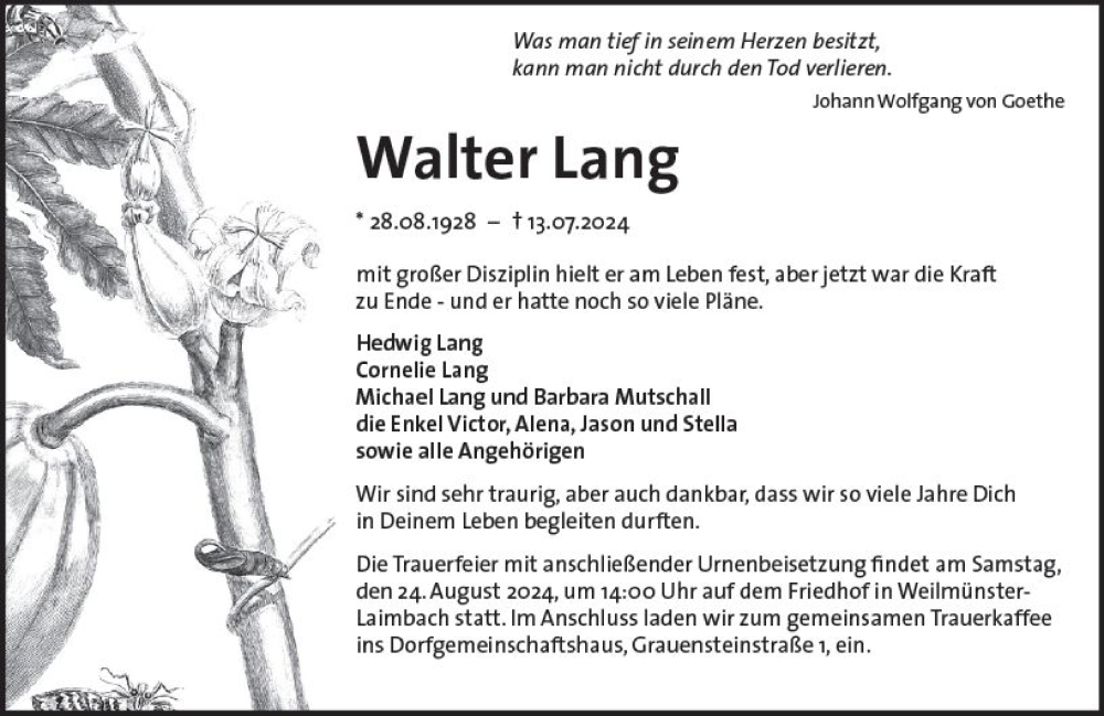  Traueranzeige für Walter Lang vom 20.08.2024 aus Weilburger Tageblatt