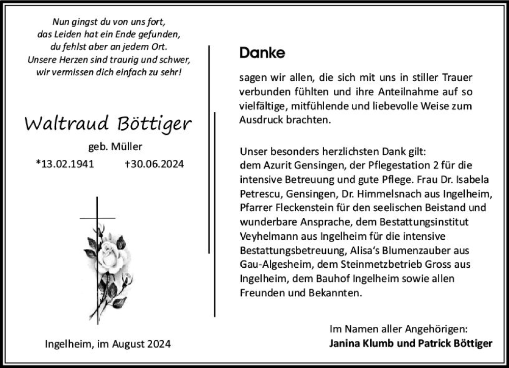  Traueranzeige für Waltraud Böttiger vom 03.08.2024 aus Allgemeine Zeitung Rheinhessen-Nahe